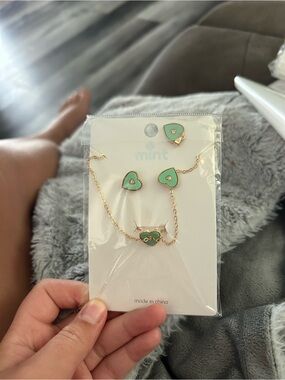 4/$50 Mint Heart Necklace and Stud Earrings - Mint Green & Gold-tone